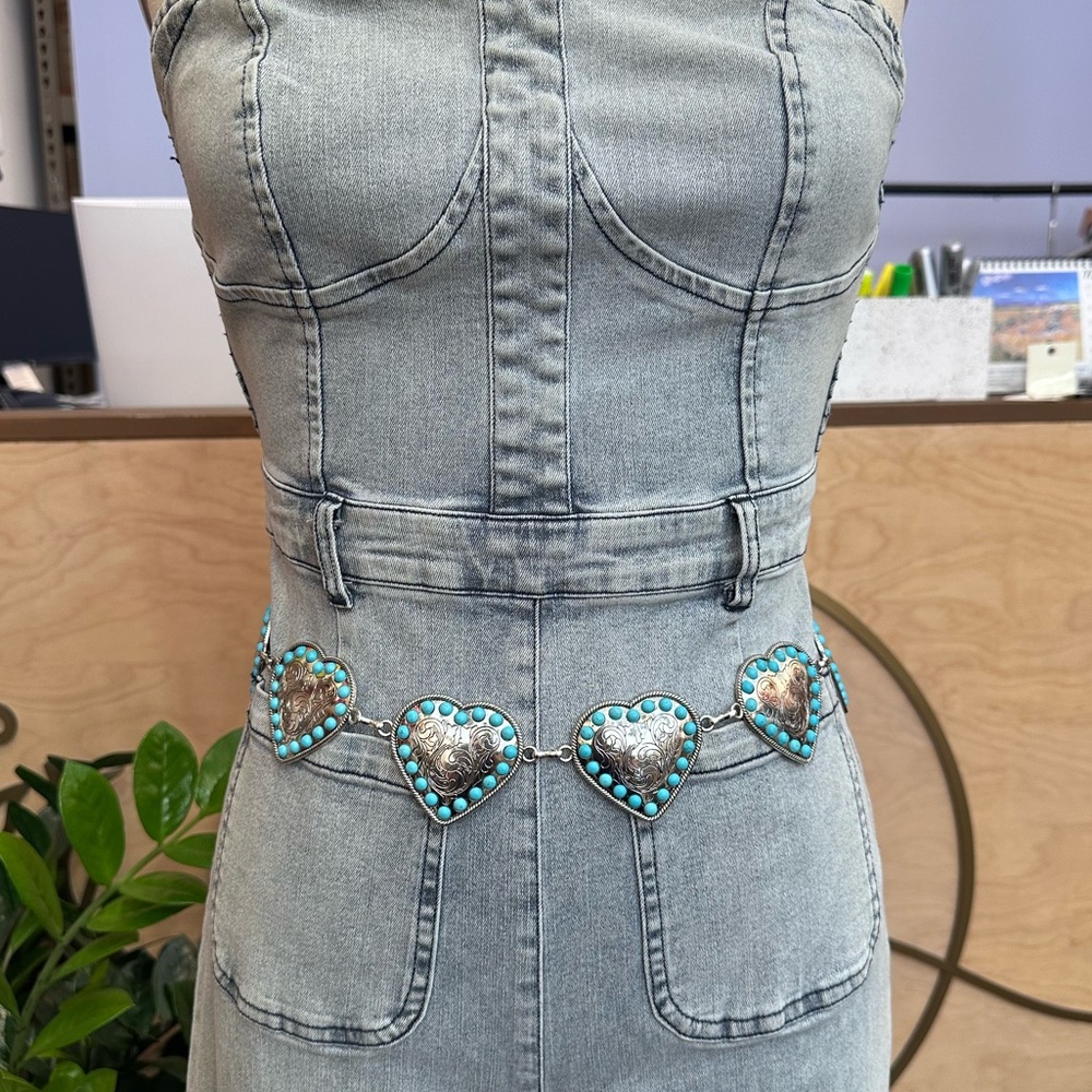 Western Silver and Turquoise Heart Shape Stone Concho Chain Belt